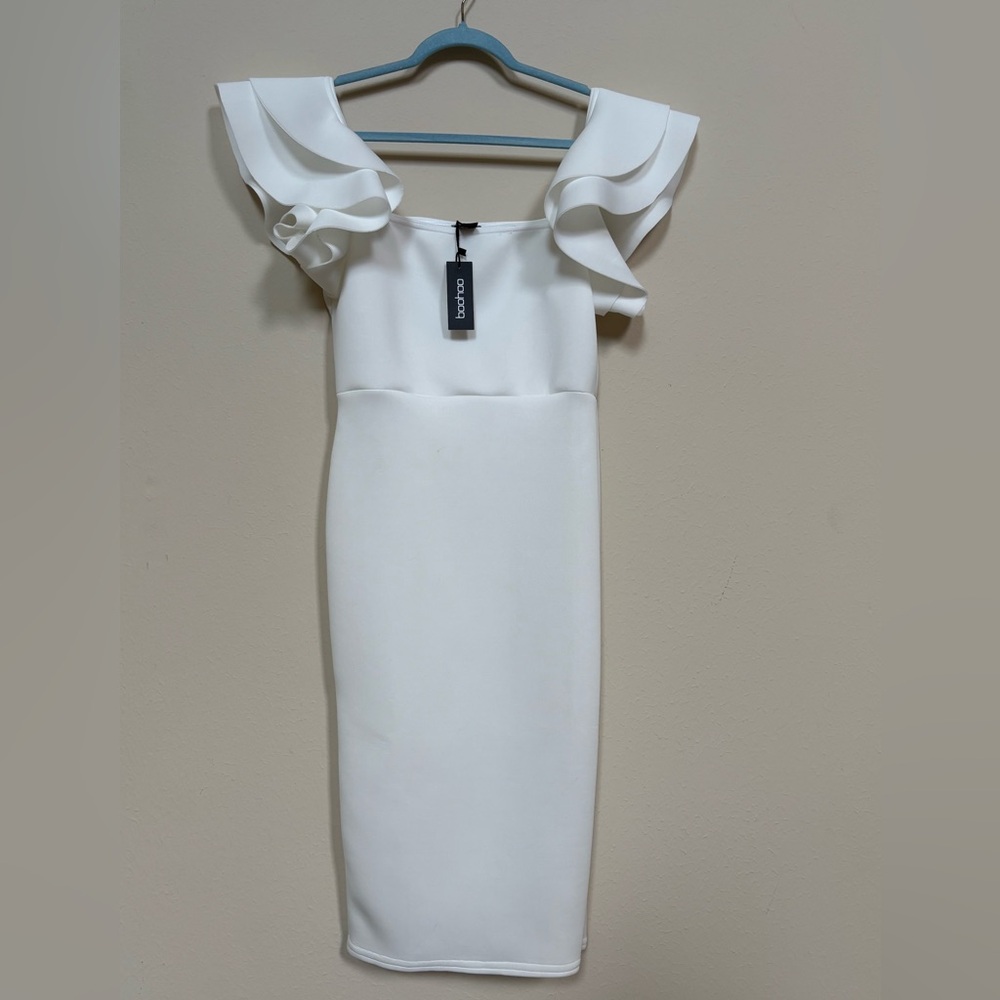 Boohoo Cream Off the Shoulder Flutter Sleeve Sheath Dress